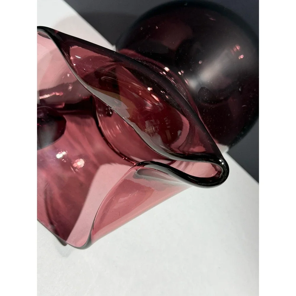 Amethyst Purple Hand Blown Glass‎ Pitcher Tri-Corner Ruffled Rim Vintage Plum